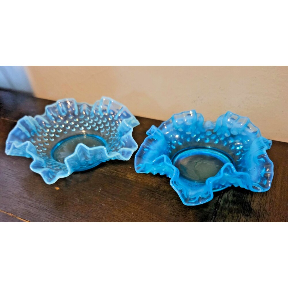 Vintage Fenton Blue Opalescent Hobnail Bonbon Dishes Ruffled Bowls 5" & 6" Pair